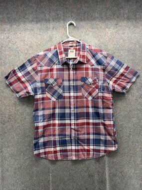 Levi's Shirt Mens Large Red Blue Plaid Short Sleeve Snap Front Western Casual